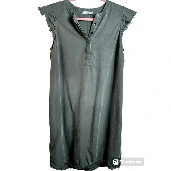 Dahlia khaki soft dress, Large, cap sleeves, raw edge, relaxed fit, Tencel - Picture 1 of 12